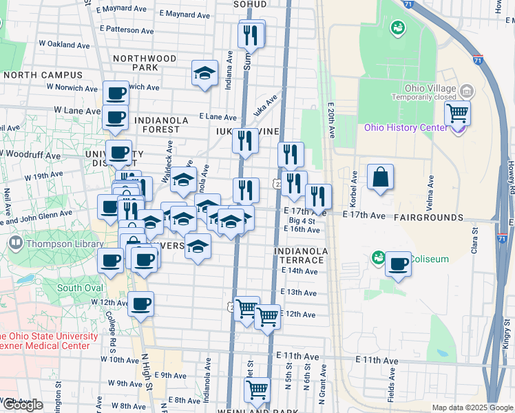 map of restaurants, bars, coffee shops, grocery stores, and more near 331 East 18th Avenue in Columbus