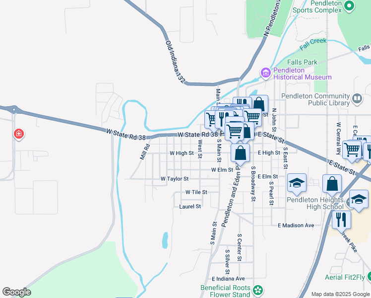 map of restaurants, bars, coffee shops, grocery stores, and more near 115 Franklin Street in Pendleton