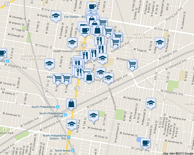 map of restaurants, bars, coffee shops, grocery stores, and more near 1233 West Allegheny Avenue in Philadelphia