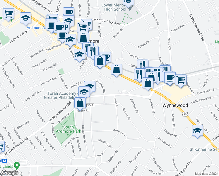 map of restaurants, bars, coffee shops, grocery stores, and more near 1219 West Wynnewood Road in Wynnewood