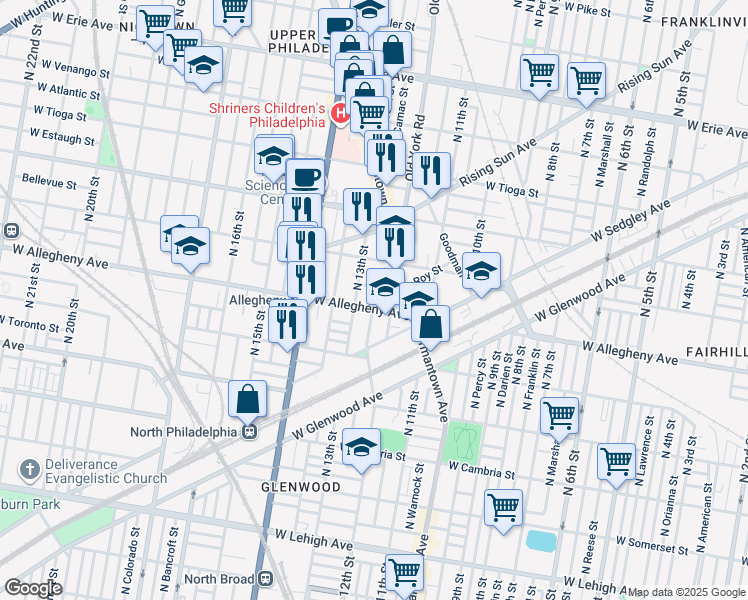 map of restaurants, bars, coffee shops, grocery stores, and more near 1233 West Allegheny Avenue in Philadelphia