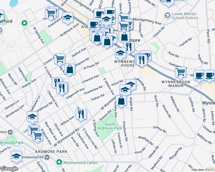 map of restaurants, bars, coffee shops, grocery stores, and more near 101 Grandview Road in Ardmore