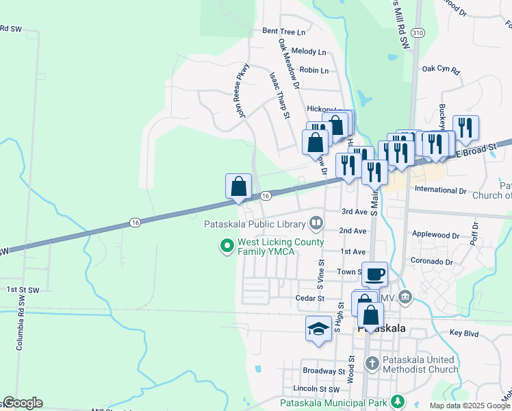 map of restaurants, bars, coffee shops, grocery stores, and more near 281 West Broad Street in Pataskala