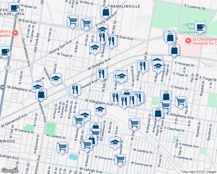map of restaurants, bars, coffee shops, grocery stores, and more near 3312 North Lawrence Street in Philadelphia
