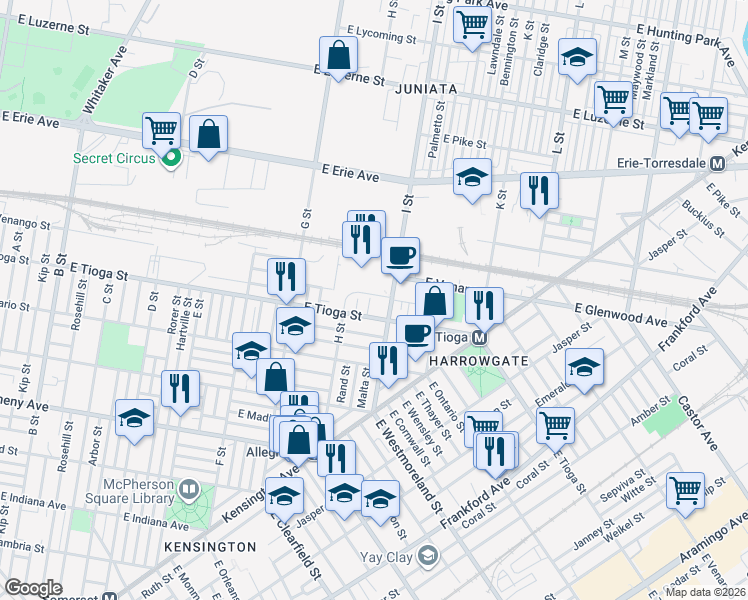 map of restaurants, bars, coffee shops, grocery stores, and more near 3523 Malta Street in Philadelphia