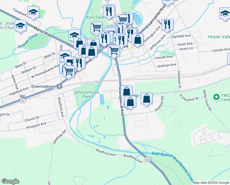 map of restaurants, bars, coffee shops, grocery stores, and more near 200 River Station Boulevard in Downingtown