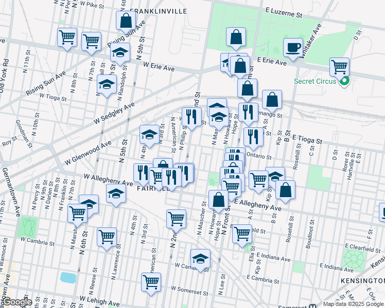 map of restaurants, bars, coffee shops, grocery stores, and more near 190 West Ontario Street in Philadelphia