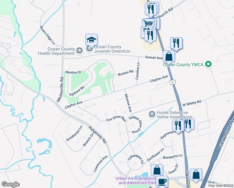 map of restaurants, bars, coffee shops, grocery stores, and more near 100 Clayton Avenue in Toms River