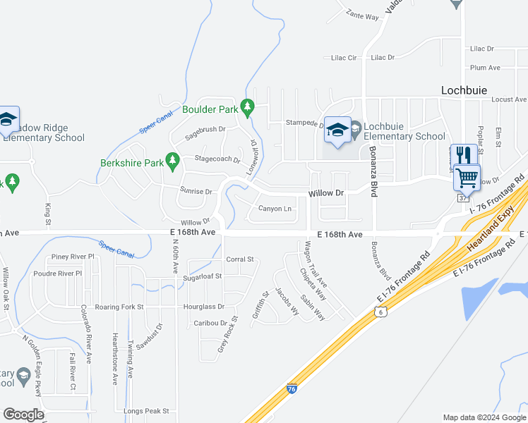 map of restaurants, bars, coffee shops, grocery stores, and more near 751 Canyon Lane in Lochbuie