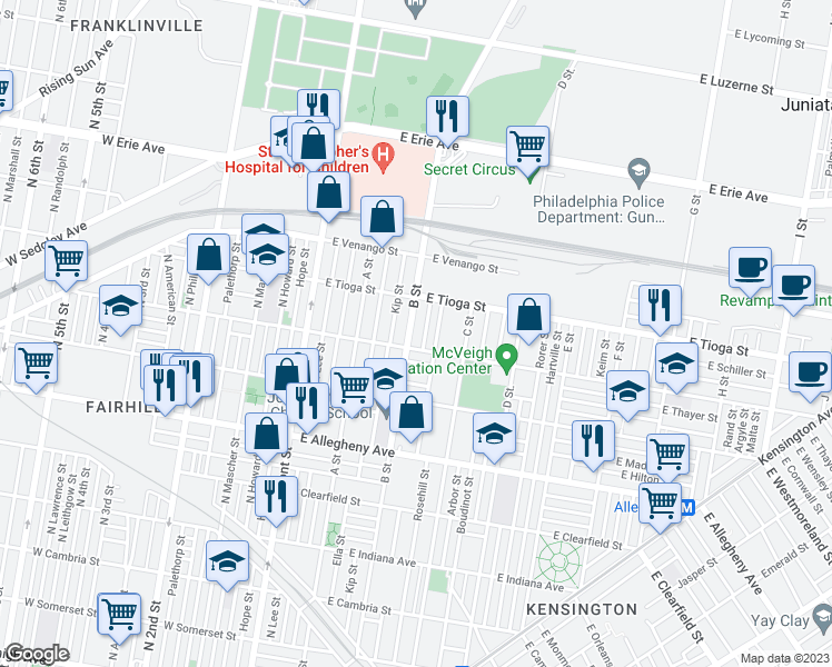 map of restaurants, bars, coffee shops, grocery stores, and more near 3419 B St in Philadelphia