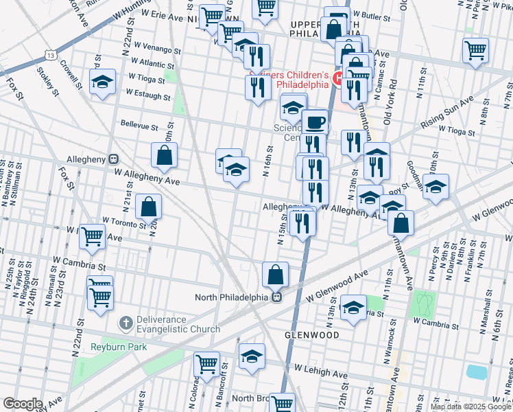 map of restaurants, bars, coffee shops, grocery stores, and more near 3130 North 16th Street in Philadelphia