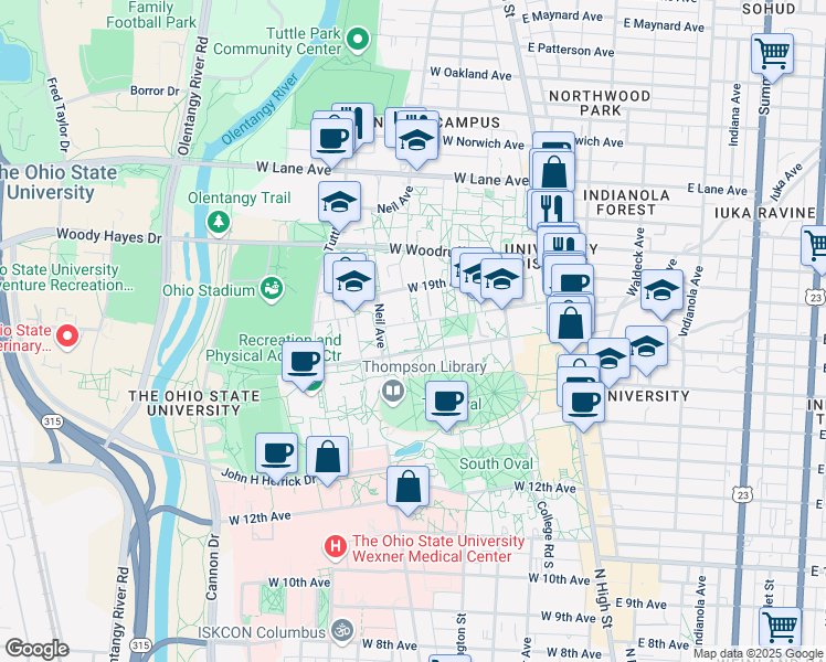 map of restaurants, bars, coffee shops, grocery stores, and more near 209 West 18th Avenue in Columbus