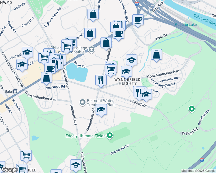 map of restaurants, bars, coffee shops, grocery stores, and more near 4070 Conshohocken Avenue in Philadelphia