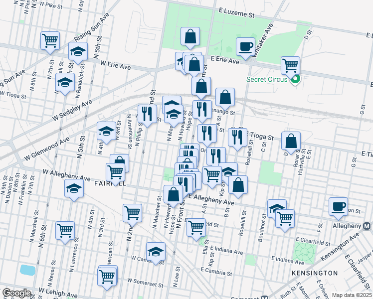map of restaurants, bars, coffee shops, grocery stores, and more near 3411 Hope Street in Philadelphia