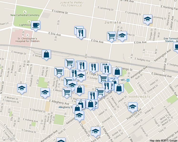 map of restaurants, bars, coffee shops, grocery stores, and more near 3502 Shelbourne Street in Philadelphia