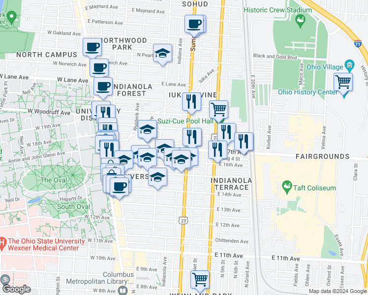 map of restaurants, bars, coffee shops, grocery stores, and more near 1895 Summit Street in Columbus