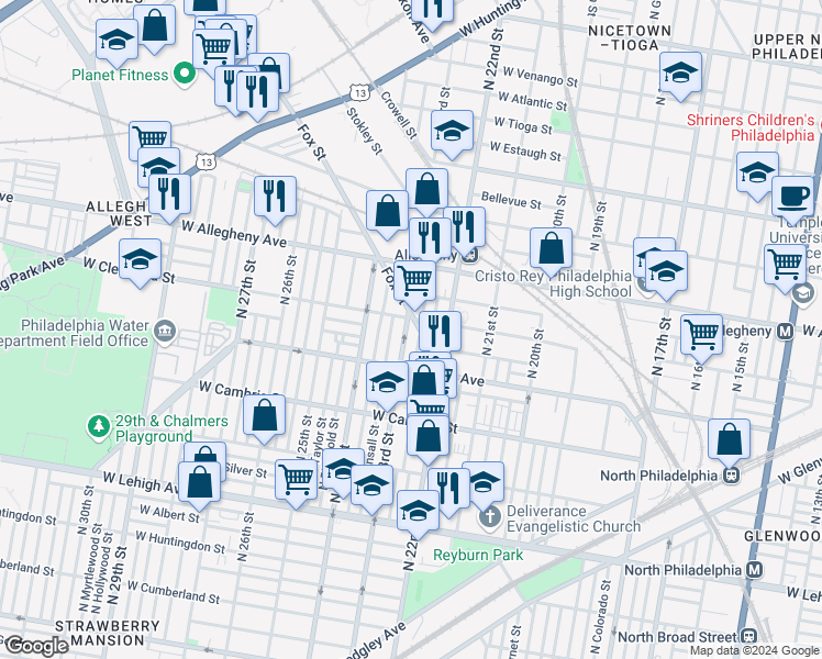 map of restaurants, bars, coffee shops, grocery stores, and more near 3053 North 23rd Street in Philadelphia