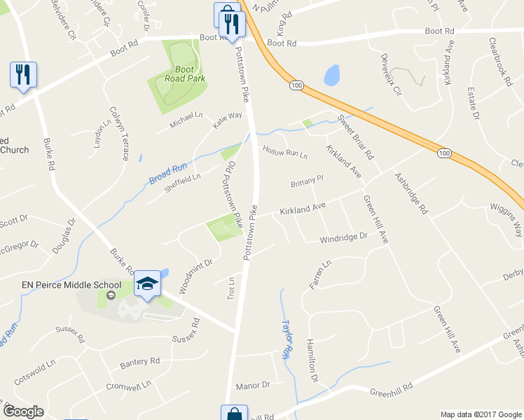 map of restaurants, bars, coffee shops, grocery stores, and more near 1 Kirkland Avenue in West Chester