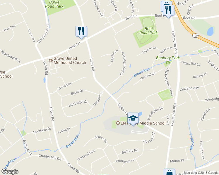 map of restaurants, bars, coffee shops, grocery stores, and more near 308 Colwyn Terrace in West Chester