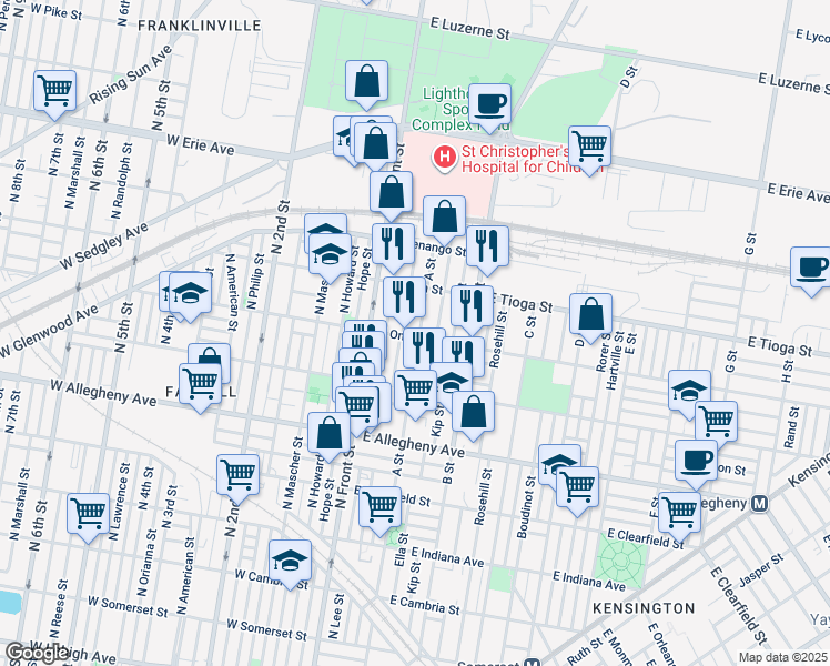 map of restaurants, bars, coffee shops, grocery stores, and more near 177 East Ontario Street in Philadelphia