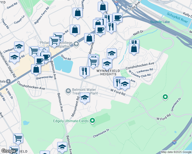map of restaurants, bars, coffee shops, grocery stores, and more near 4070 Conshohocken Avenue in Philadelphia