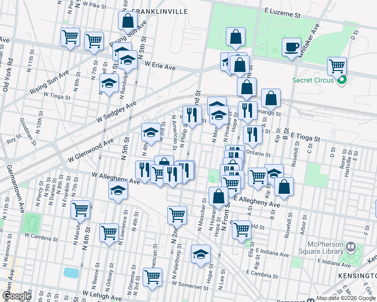 map of restaurants, bars, coffee shops, grocery stores, and more near North 2nd Street in Philadelphia