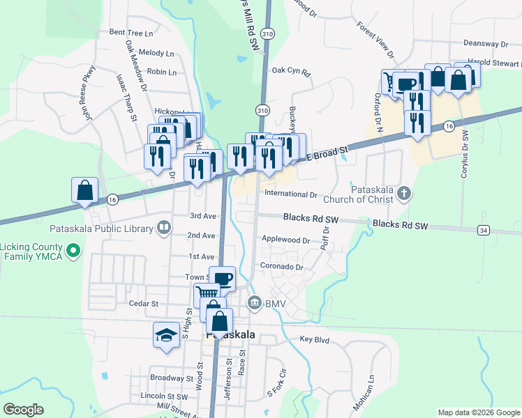 map of restaurants, bars, coffee shops, grocery stores, and more near 60 Willow Street in Pataskala