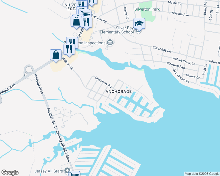 map of restaurants, bars, coffee shops, grocery stores, and more near 196 Cranberry Road in Toms River