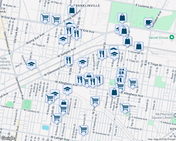 map of restaurants, bars, coffee shops, grocery stores, and more near 268 West Thayer Street in Philadelphia