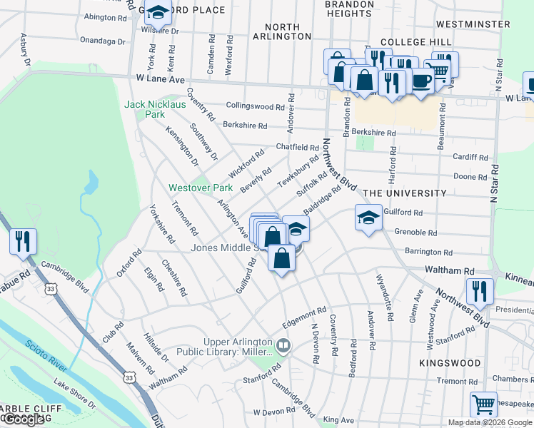 map of restaurants, bars, coffee shops, grocery stores, and more near 1962 Suffolk Road in Columbus