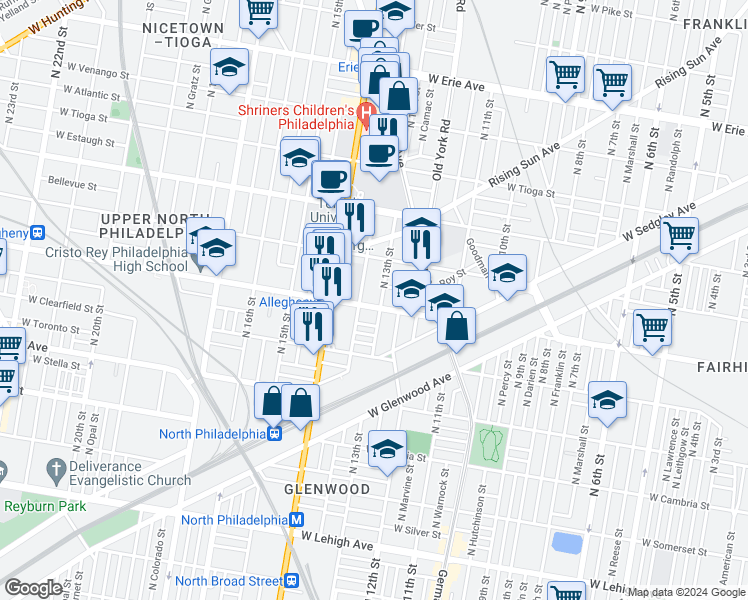 map of restaurants, bars, coffee shops, grocery stores, and more near 1307 West Allegheny Avenue in Philadelphia
