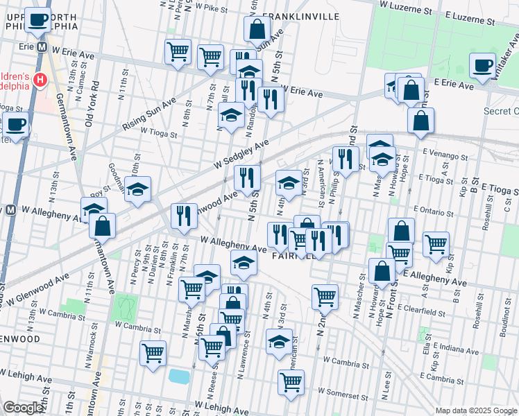 map of restaurants, bars, coffee shops, grocery stores, and more near 3321 North Reese Street in Philadelphia