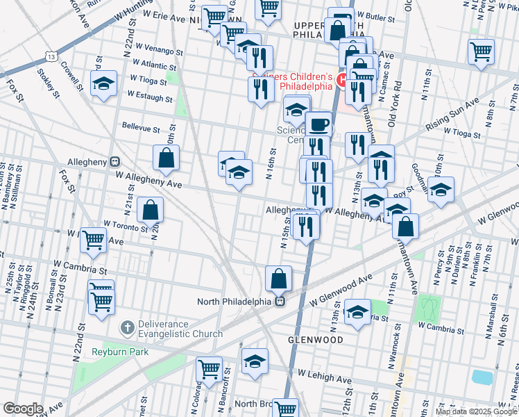 map of restaurants, bars, coffee shops, grocery stores, and more near 3130 North 16th Street in Philadelphia