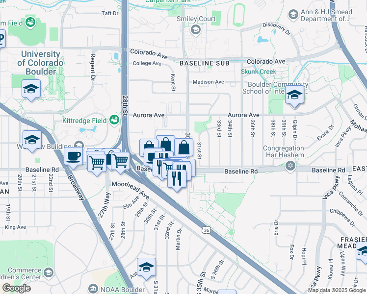 map of restaurants, bars, coffee shops, grocery stores, and more near 765 30th Street in Boulder