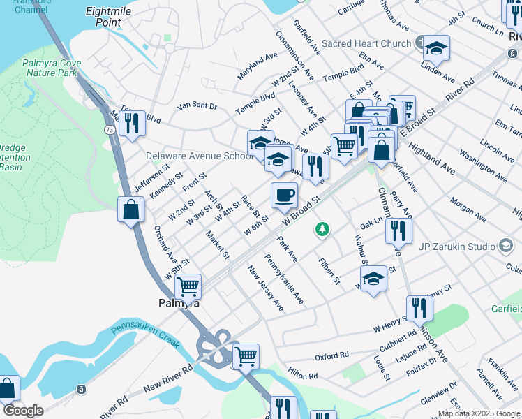 map of restaurants, bars, coffee shops, grocery stores, and more near 320 West 5th Street in Palmyra