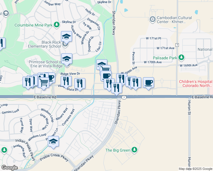 map of restaurants, bars, coffee shops, grocery stores, and more near 1891 Colorado 7 in Broomfield