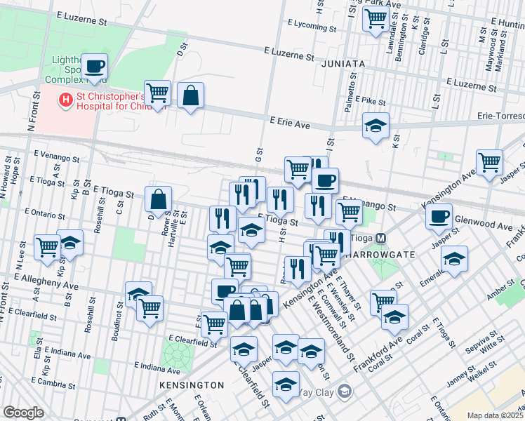 map of restaurants, bars, coffee shops, grocery stores, and more near 3501 Penhurst Street in Philadelphia