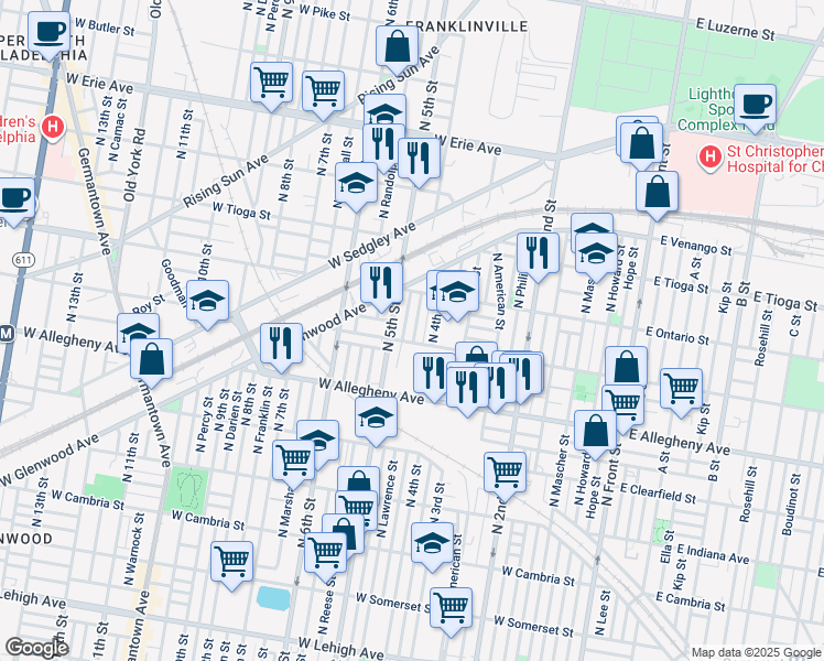 map of restaurants, bars, coffee shops, grocery stores, and more near 3316 North Lawrence Street in Philadelphia
