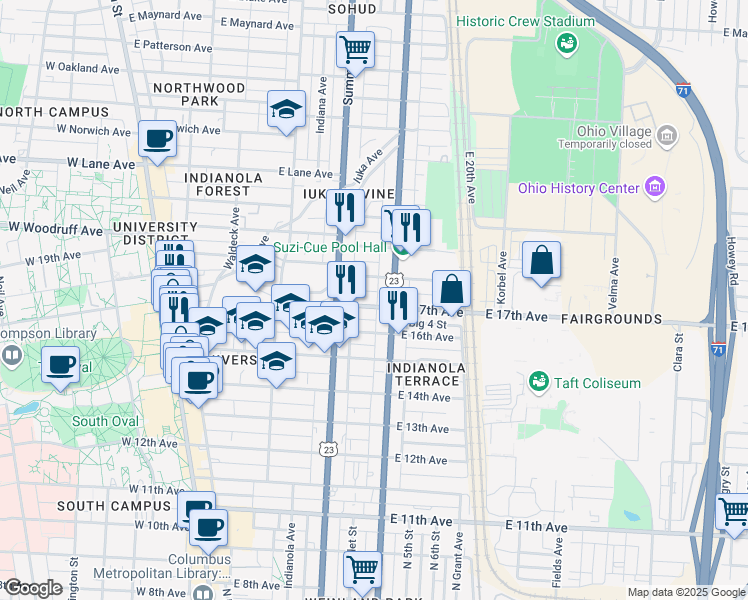 map of restaurants, bars, coffee shops, grocery stores, and more near 328 East 17th Avenue in Columbus
