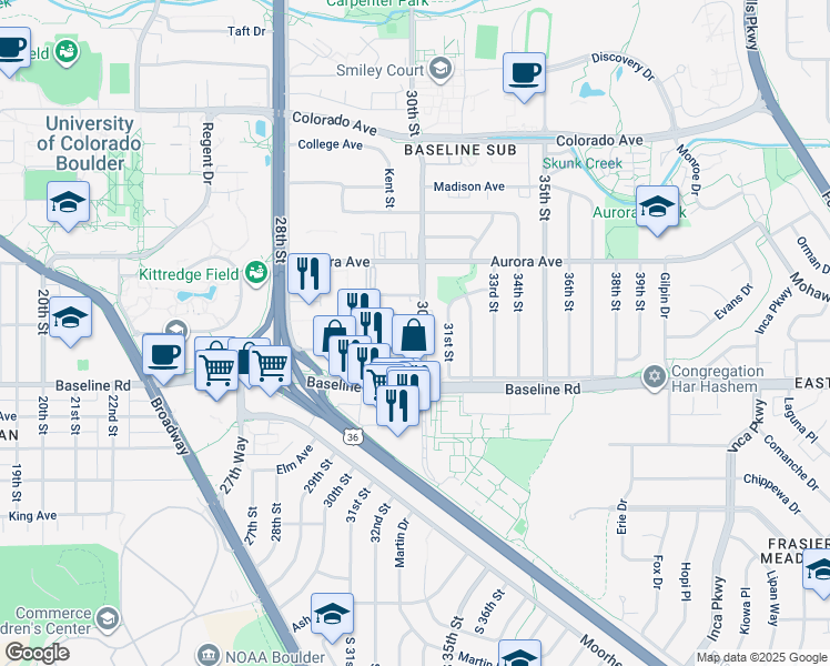 map of restaurants, bars, coffee shops, grocery stores, and more near 775 30th Street in Boulder