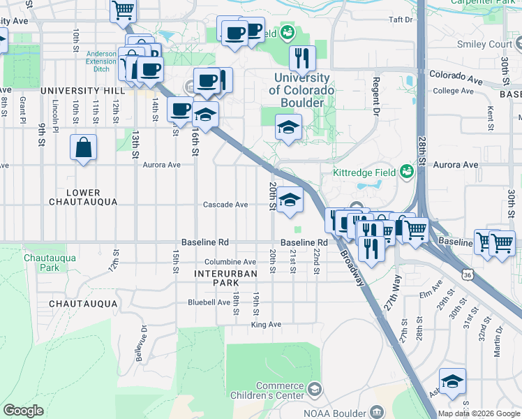 map of restaurants, bars, coffee shops, grocery stores, and more near in Boulder