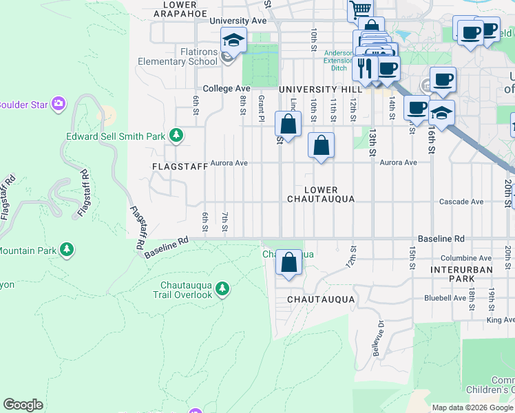 map of restaurants, bars, coffee shops, grocery stores, and more near 801 Grant Place in Boulder
