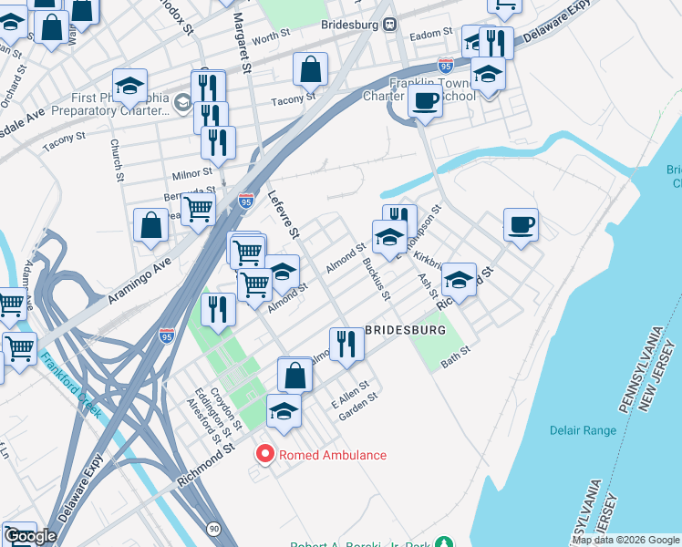 map of restaurants, bars, coffee shops, grocery stores, and more near 4533 Almond Street in Philadelphia