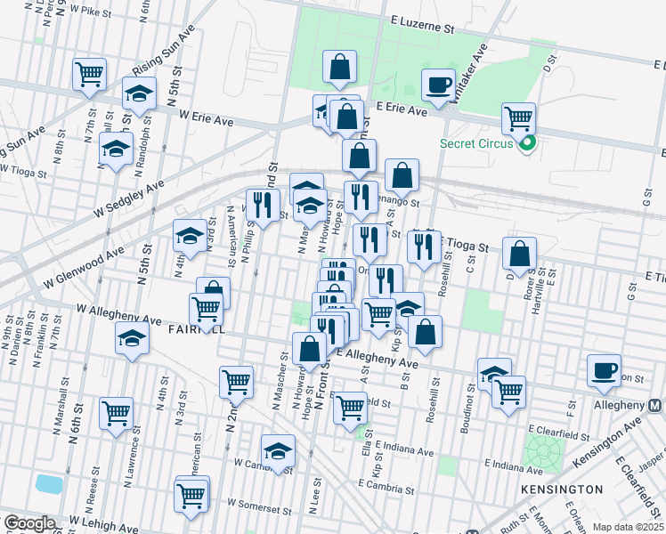 map of restaurants, bars, coffee shops, grocery stores, and more near 3411 Hope Street in Philadelphia