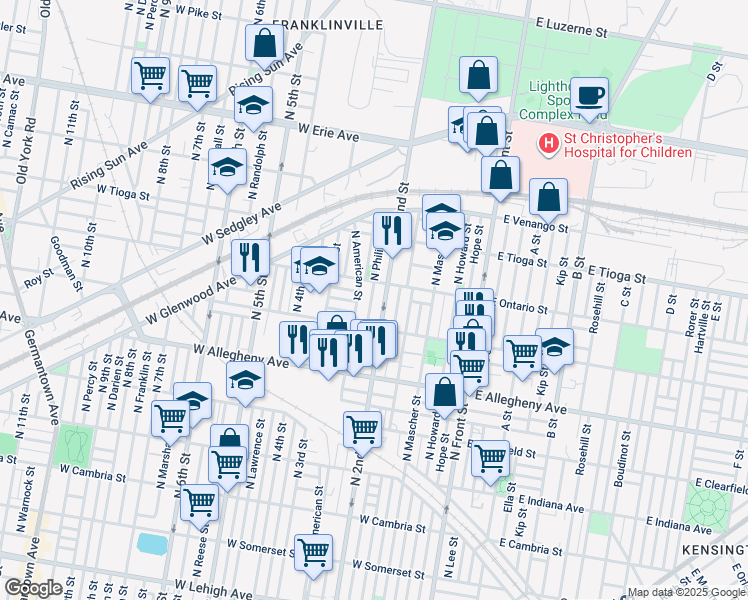 map of restaurants, bars, coffee shops, grocery stores, and more near 3345 North Philip Street in Philadelphia