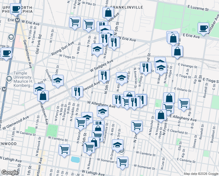 map of restaurants, bars, coffee shops, grocery stores, and more near 3321 North Reese Street in Philadelphia