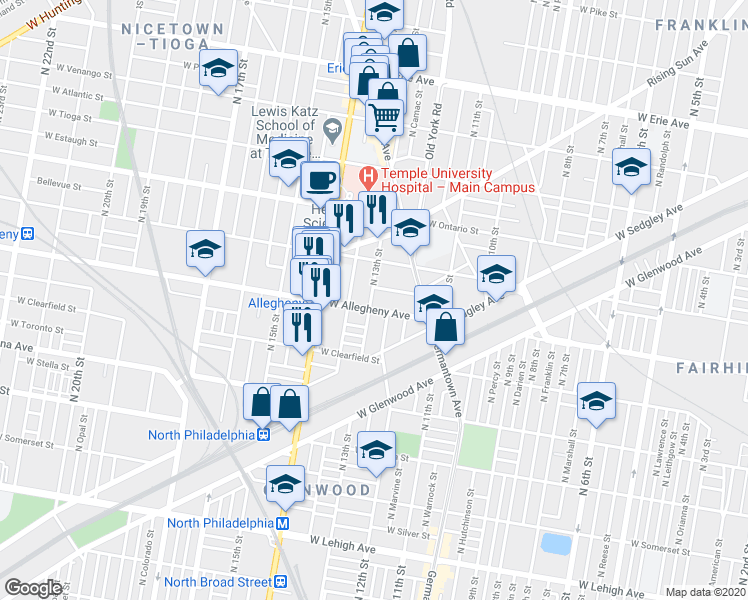 map of restaurants, bars, coffee shops, grocery stores, and more near 1239 West Hilton Street in Philadelphia