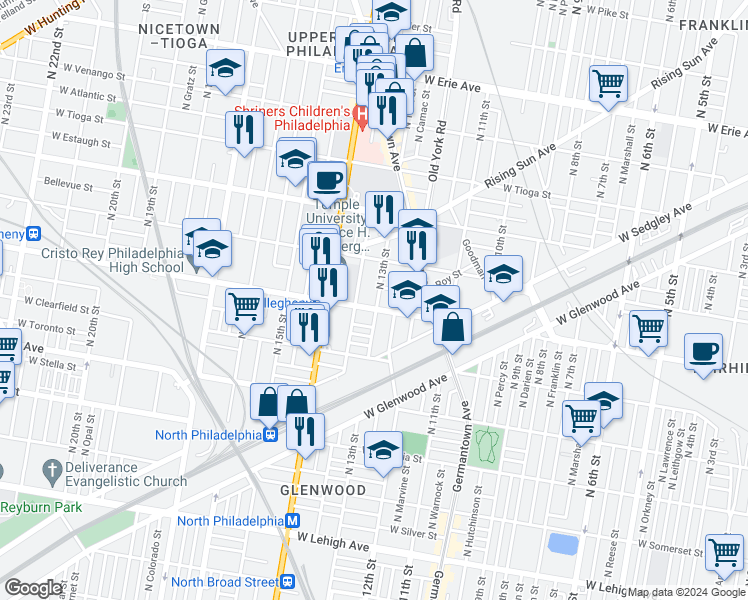 map of restaurants, bars, coffee shops, grocery stores, and more near 3219 North Park Avenue in Philadelphia