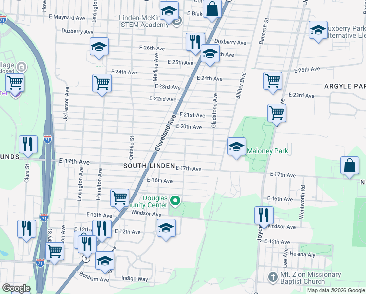 map of restaurants, bars, coffee shops, grocery stores, and more near 1315 East 19th Avenue in Columbus