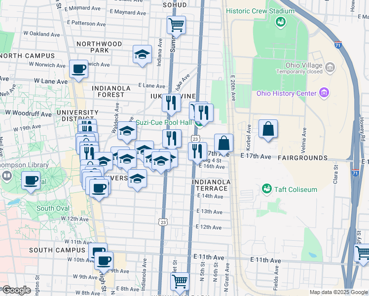 map of restaurants, bars, coffee shops, grocery stores, and more near 331 East 18th Avenue in Columbus